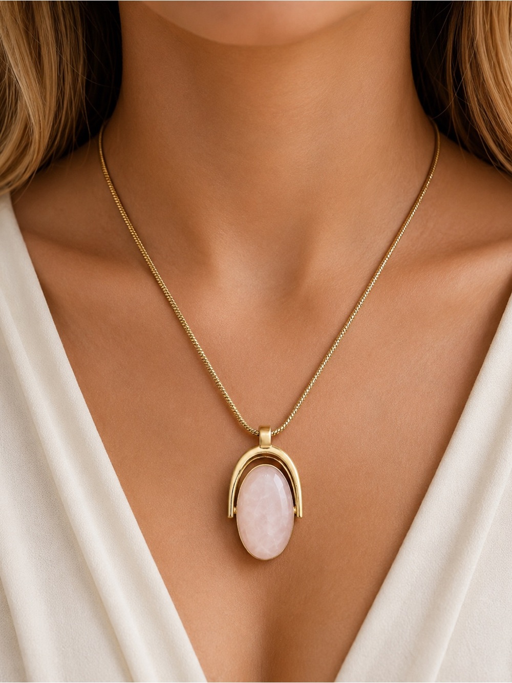 Reversible Pink & Ivory Stone Pendant Necklace | Vintage Gold Statement Necklace